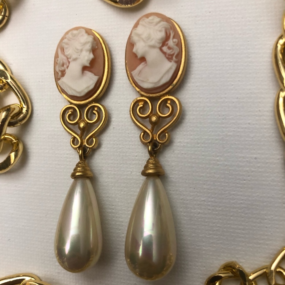 Vintage Cameo Gold Toned Earrings With Faux Pearl Drop